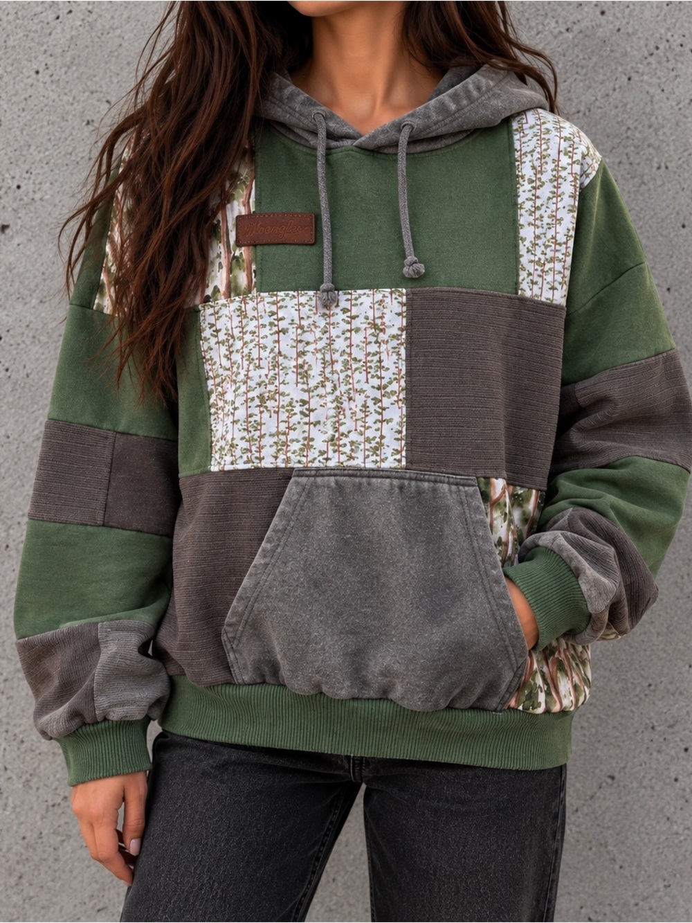 Upcycled Patchwork Green Forest Brown Handmade Baggy Hoodie Sweater